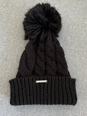 Michael Kors Cable Knit Cuff Pom Beanie Chunky Knit Black One Size
